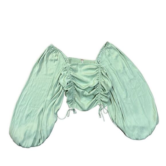 Free People laria Blouse Pleated Adjustable Drawstring Puff Sleeve bright Mint g - Picture 10 of 15